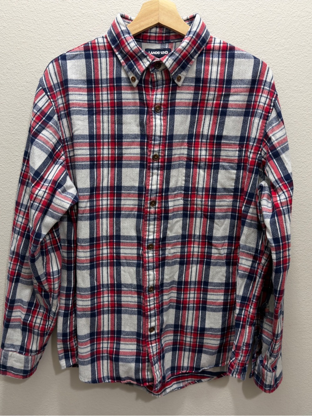 Lands' End Red, Navy & White Plaid Button-Down Shirt Size L